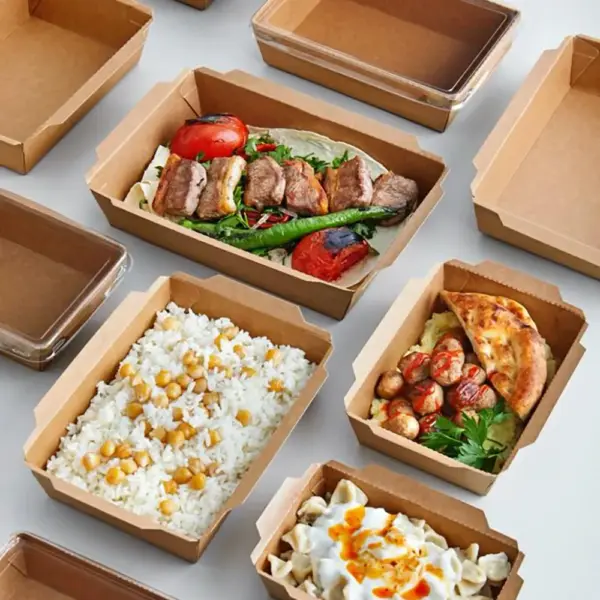 Tăvițe Carton Kraft Natur Laminate cu Capac (50 Buc/Set)